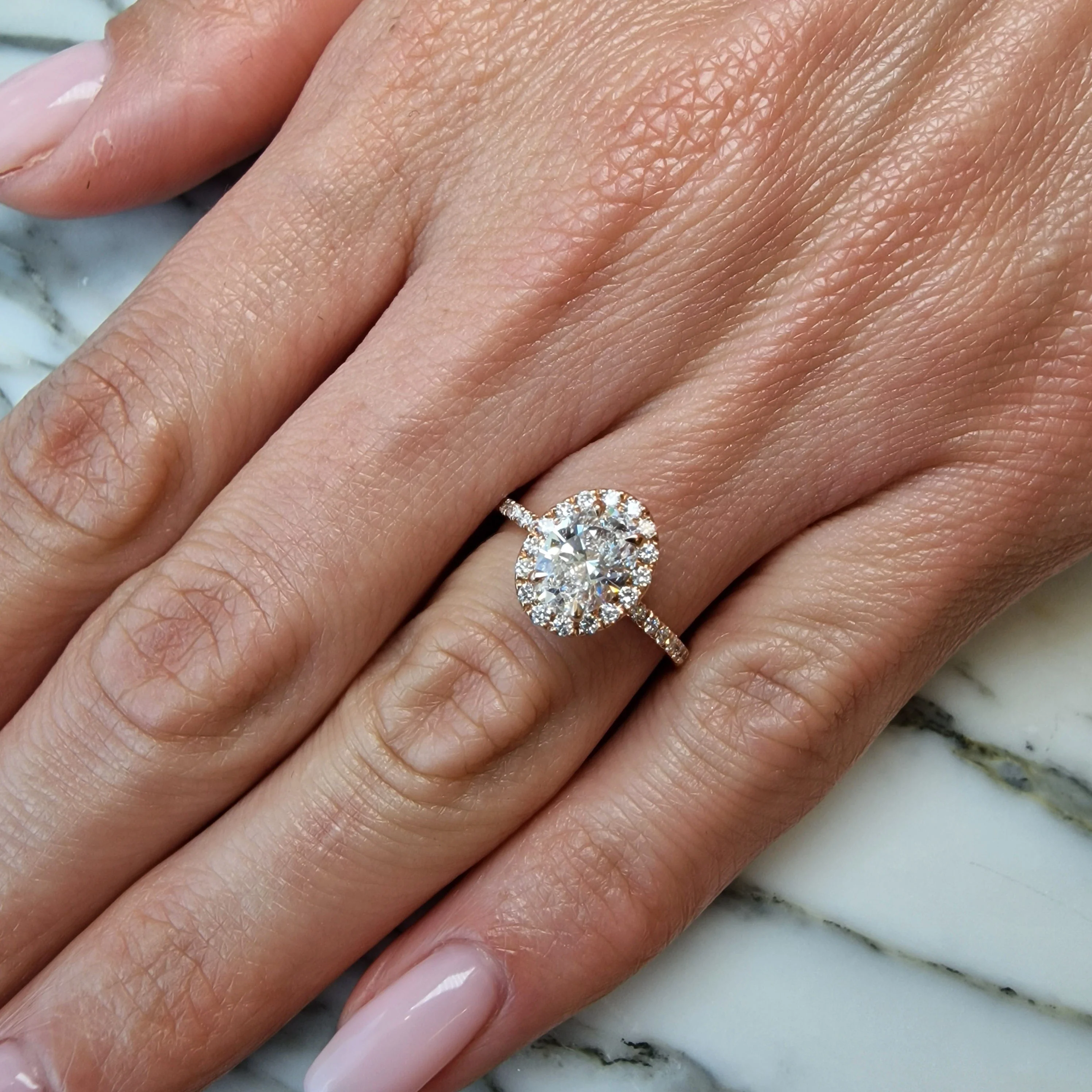1.59 Carats Lab Grown Oval Cut Micropave Halo Side Stones Diamond Engagement Ring - Image 2