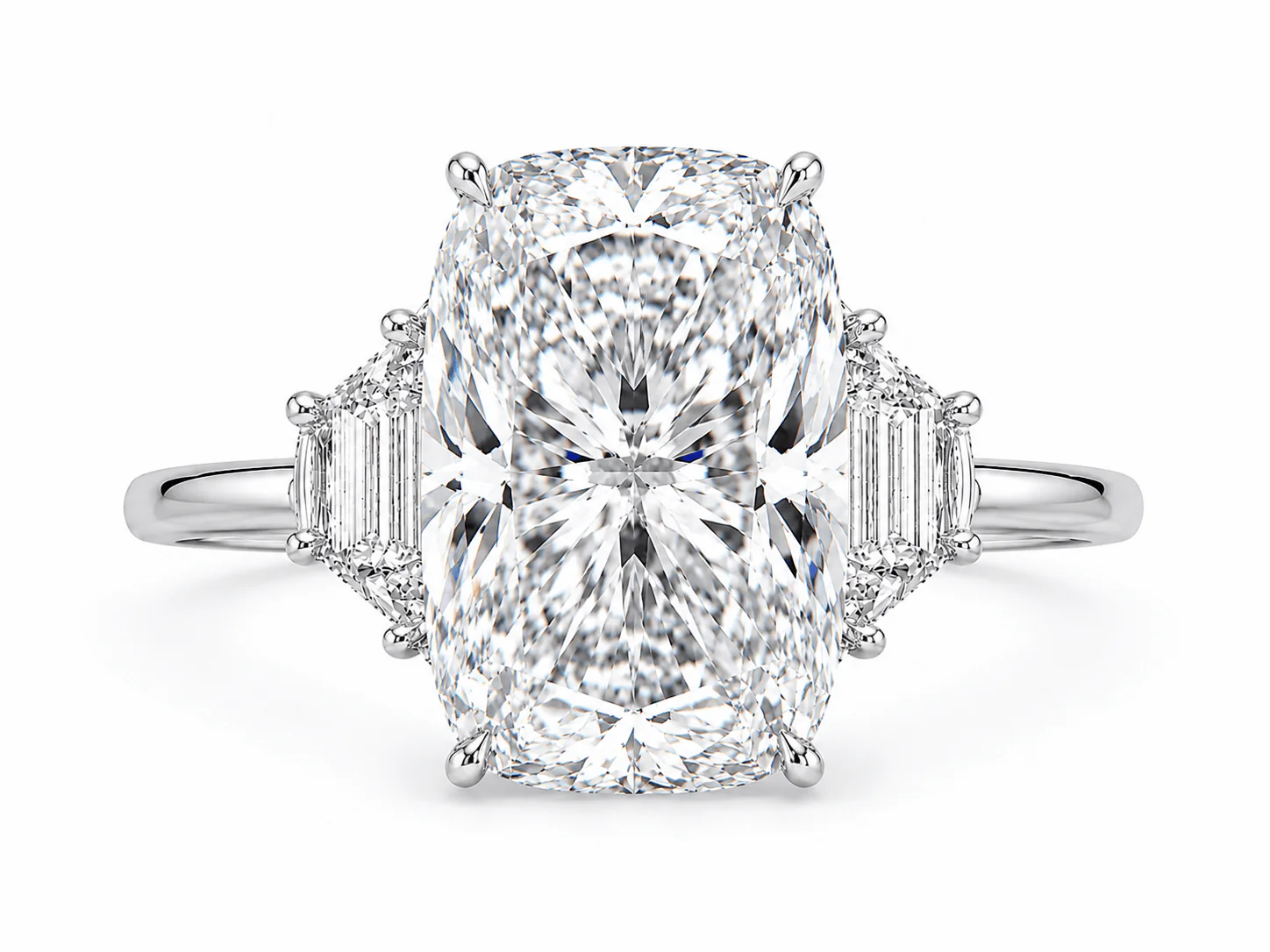 11.63 Carats Lab Grown Elongated Cushion Cut with Epaulette Three Stone Diamond Engagement Ring