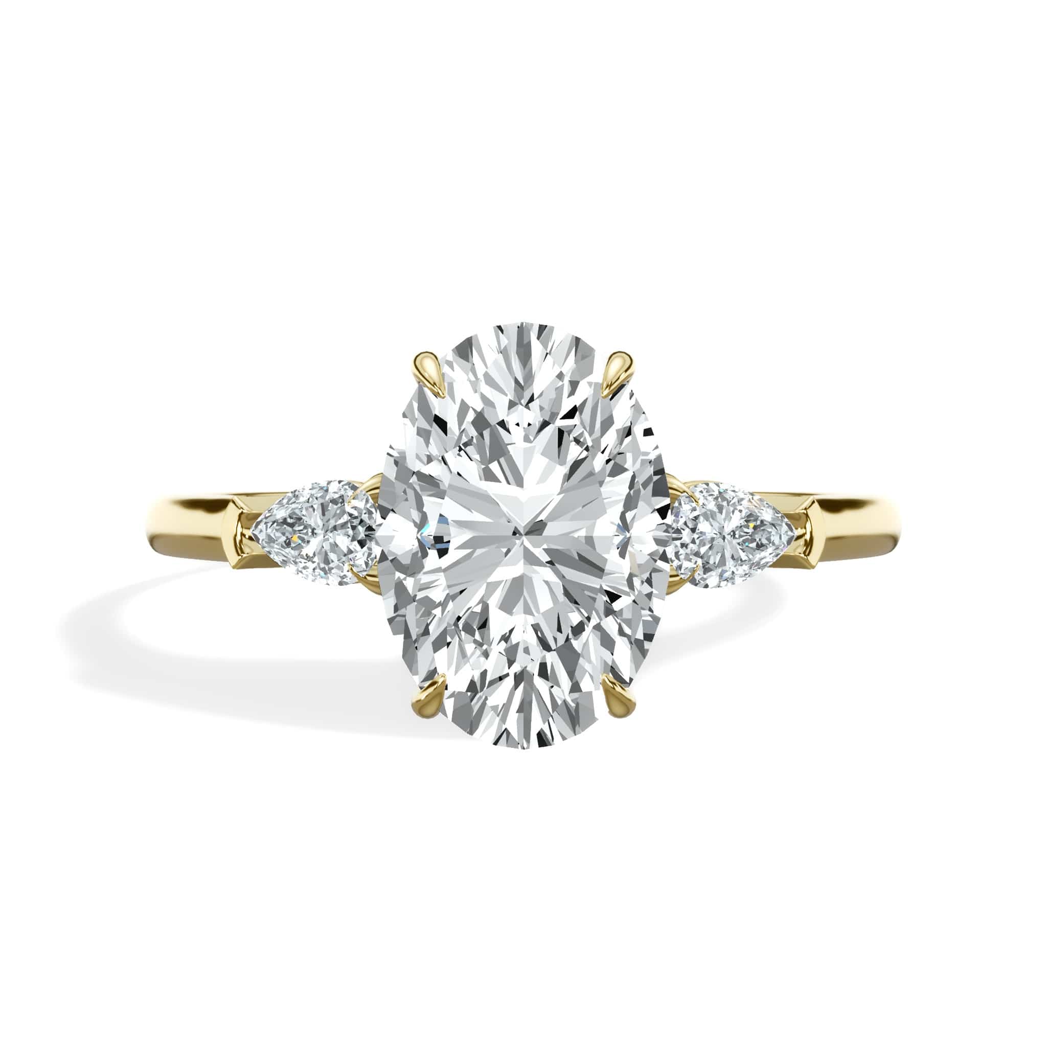 2.40 Carats Lab Grown Oval Cut with Pear Shape Side Stones Diamond Engagement Ring in Yellow Gold