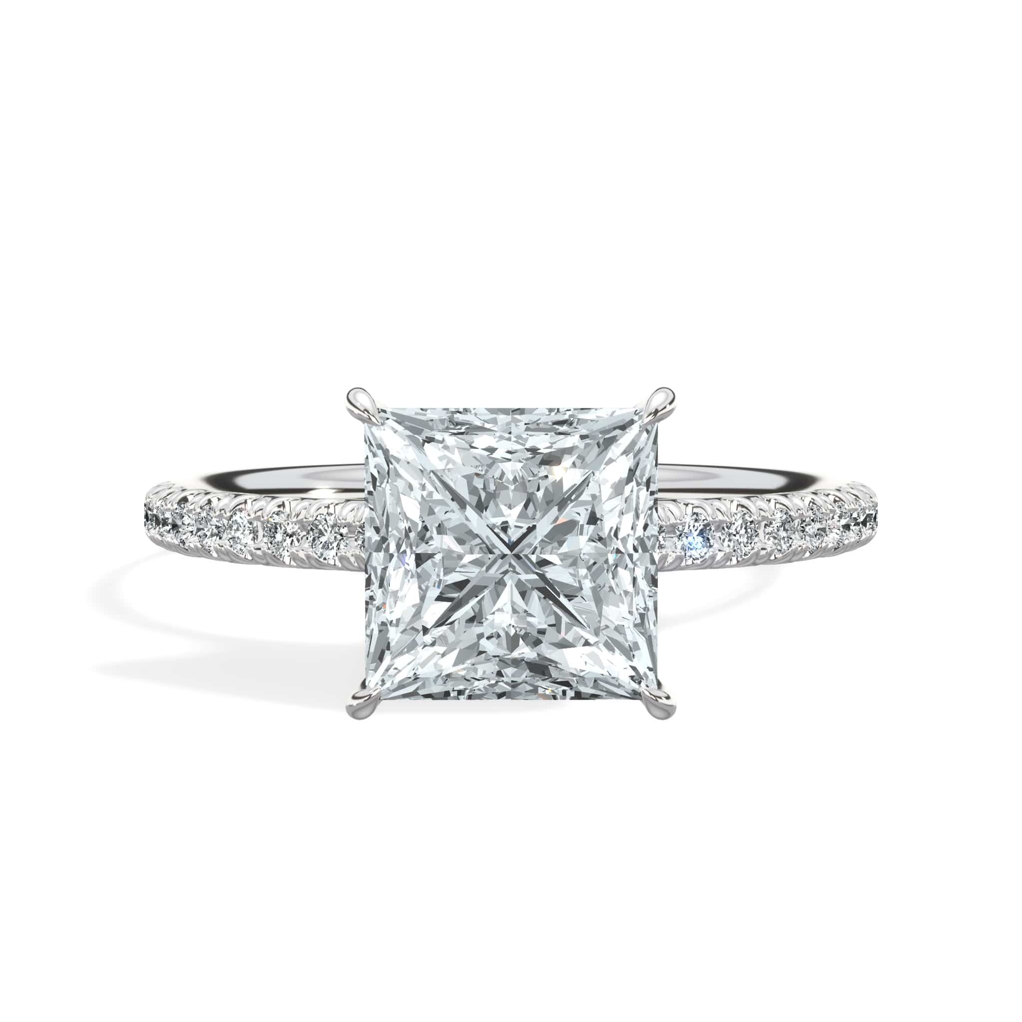 2.50 Carat Lab Grown Princess Cut Micropaved Side Stones Hidden Halo Diamond Engagement Ring