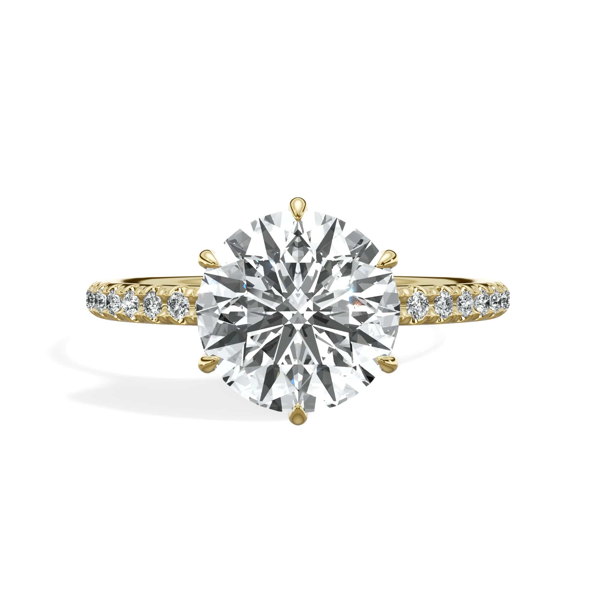 2.50 Carats Lab Grown Round Brilliant Cut Micropave Side Stones Accented Prongs Diamond Engagement Ring in Yellow Gold