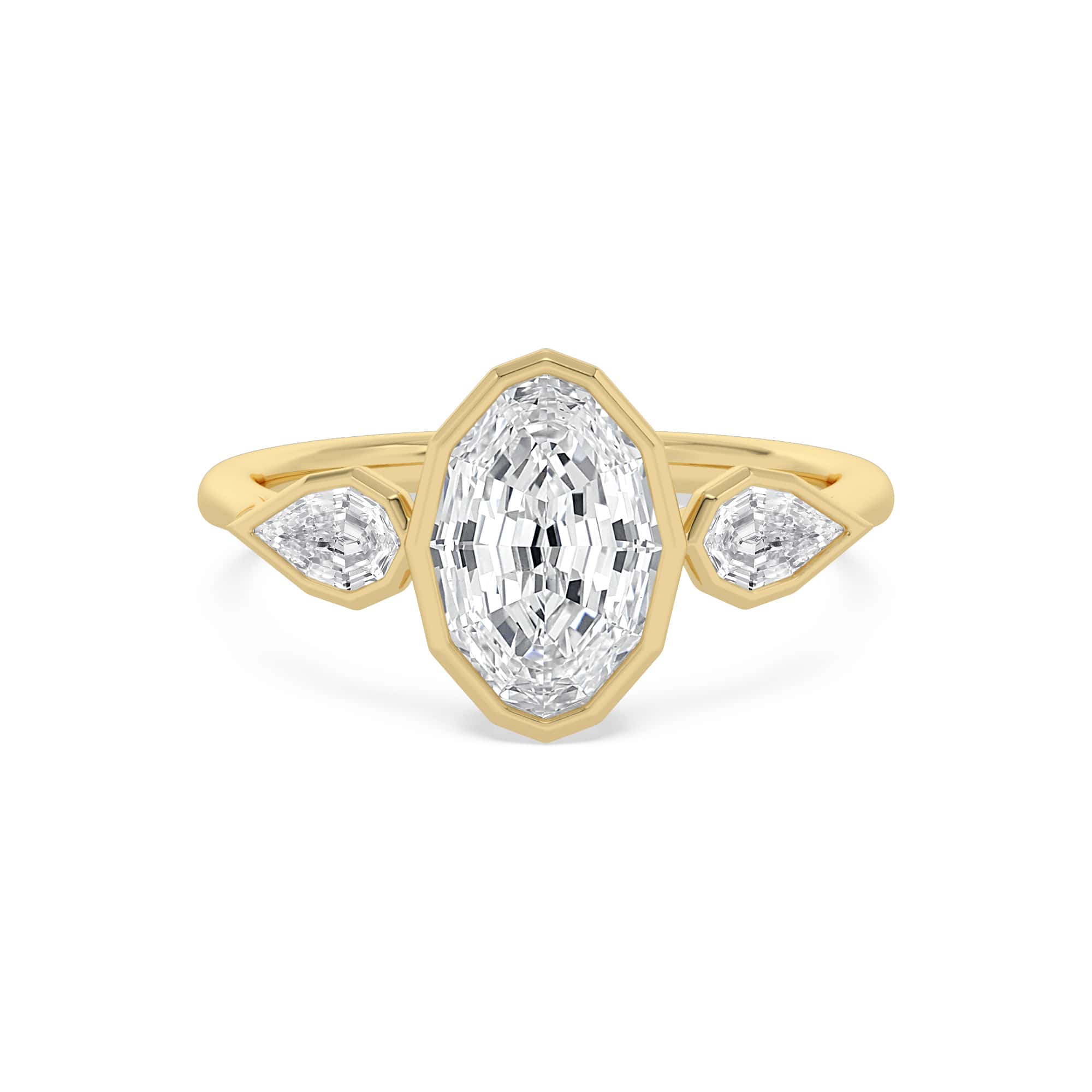 2.57 Carat Lab Grown Oval Step Cut with Pear Step Cut Three Stone Diamond Engagement Ring Yellow Gold