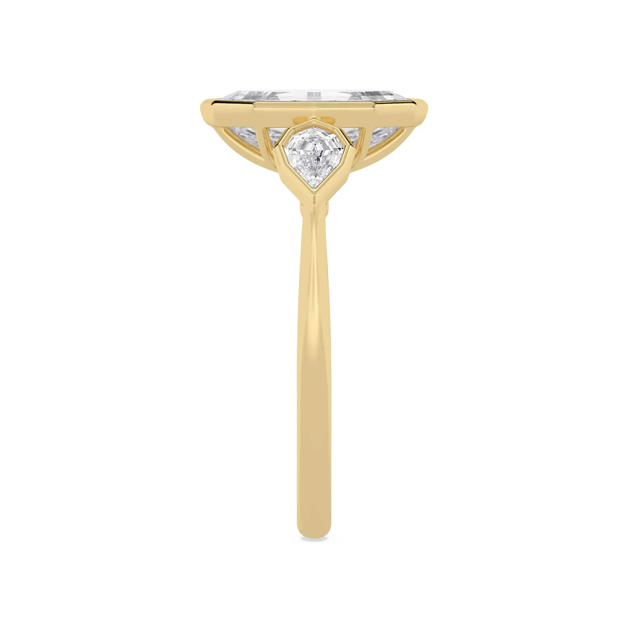 2.57 Carat Lab Grown Oval Step Cut with Pear Step Cut Three Stone Diamond Engagement Ring Yellow Gold - Image 3