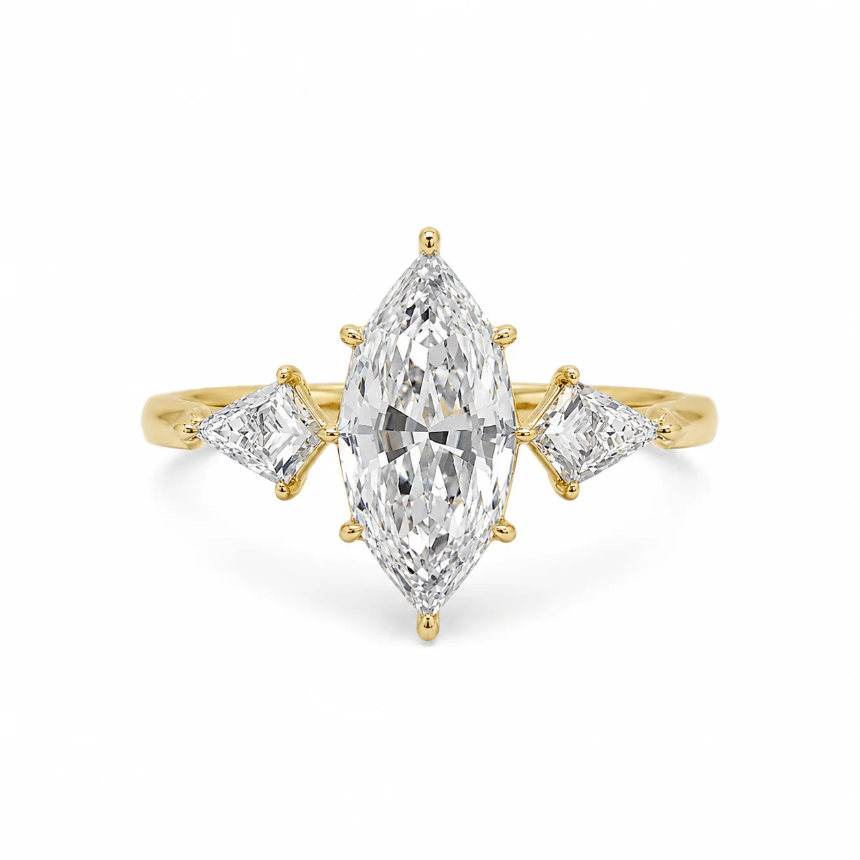 2.62 Carat Lab Grown Marquise Step Cut with Kites Three Stone Diamond Engagement Ring Yellow Gold