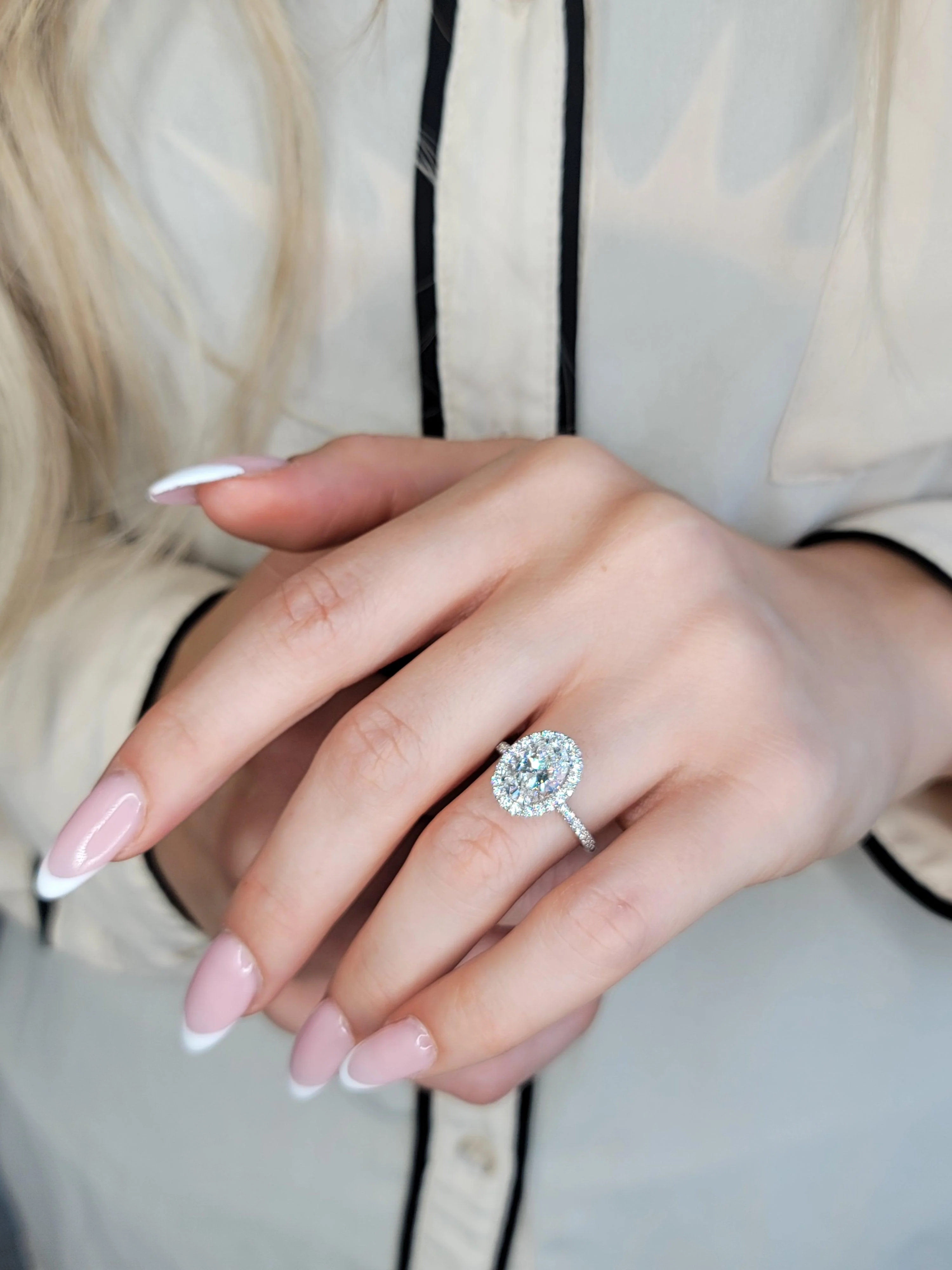 2 Carats Lab Grown Oval Cut Micropave Halo Side Stones Diamond Engagement Ring - Image 2
