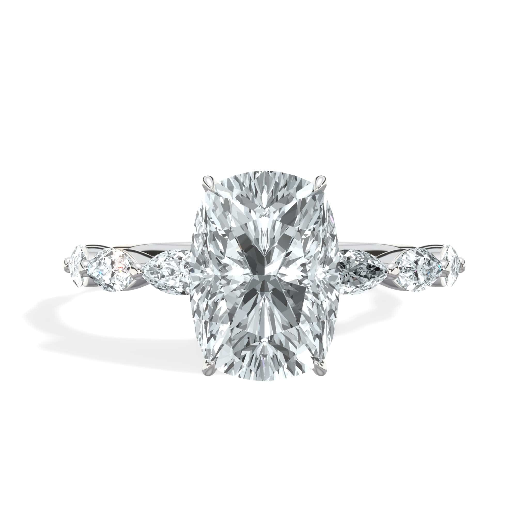 3 Carats Lab Grown Elongated Cushion Cut with Marquise Side Stones Hidden Halo Diamond Engagement Ring