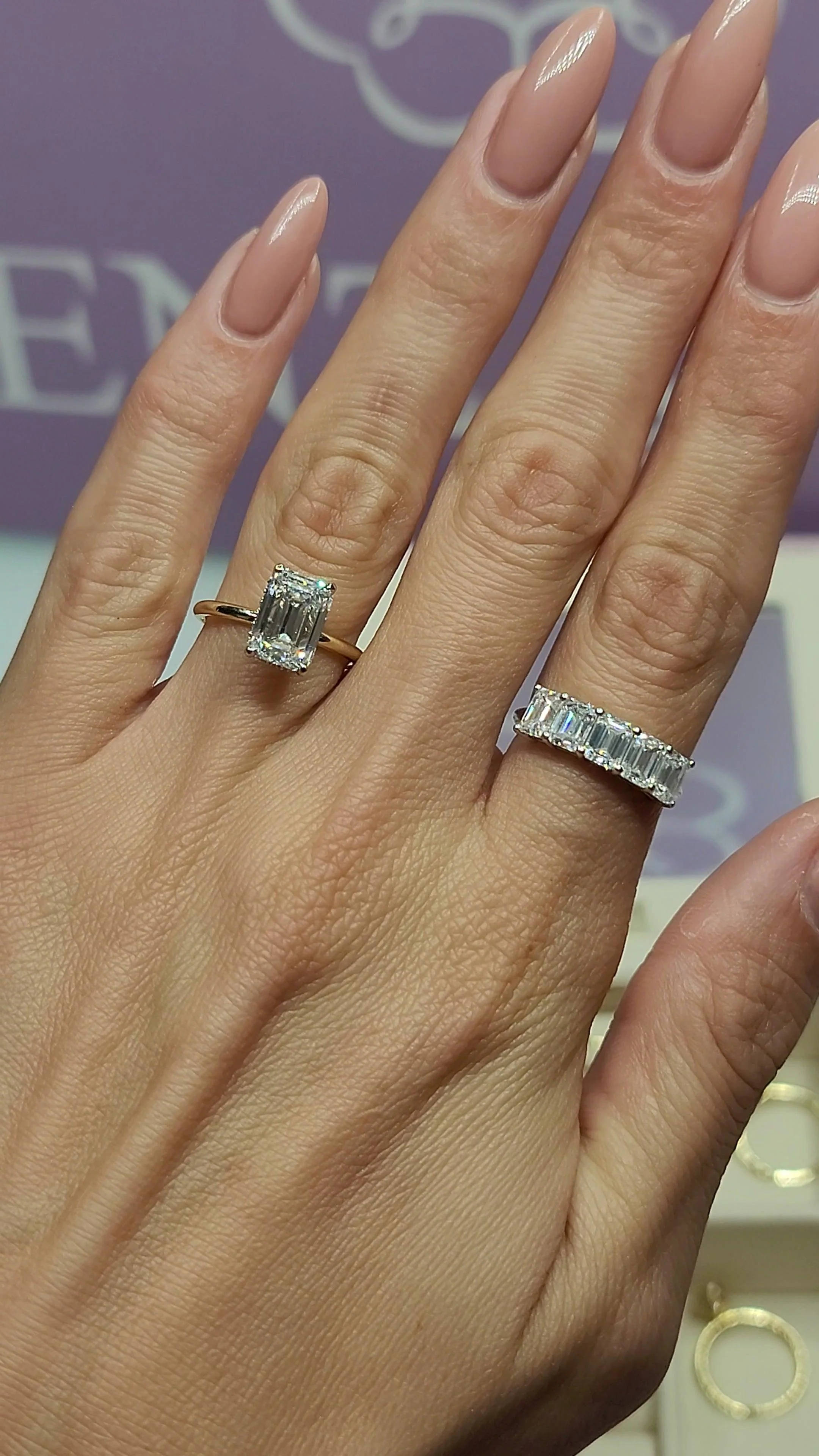 3.18 Carat Lab Grown Emerald Cut Two Tone Solitaire Hidden Halo Diamond Engagement Ring - Image 2