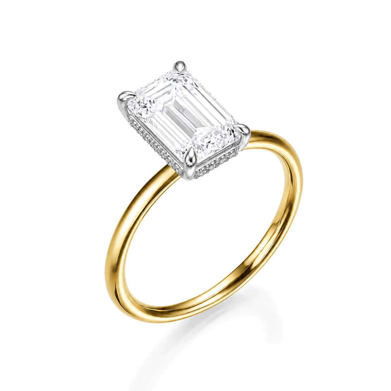 3.18 Carat Lab Grown Emerald Cut Two Tone Solitaire Hidden Halo Diamond Engagement Ring - Image 4