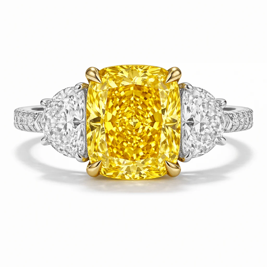 3.20 Carats Cushion Cut Fancy Vivid Yellow Lab Grown Diamond Three-Stone Engagement Ring