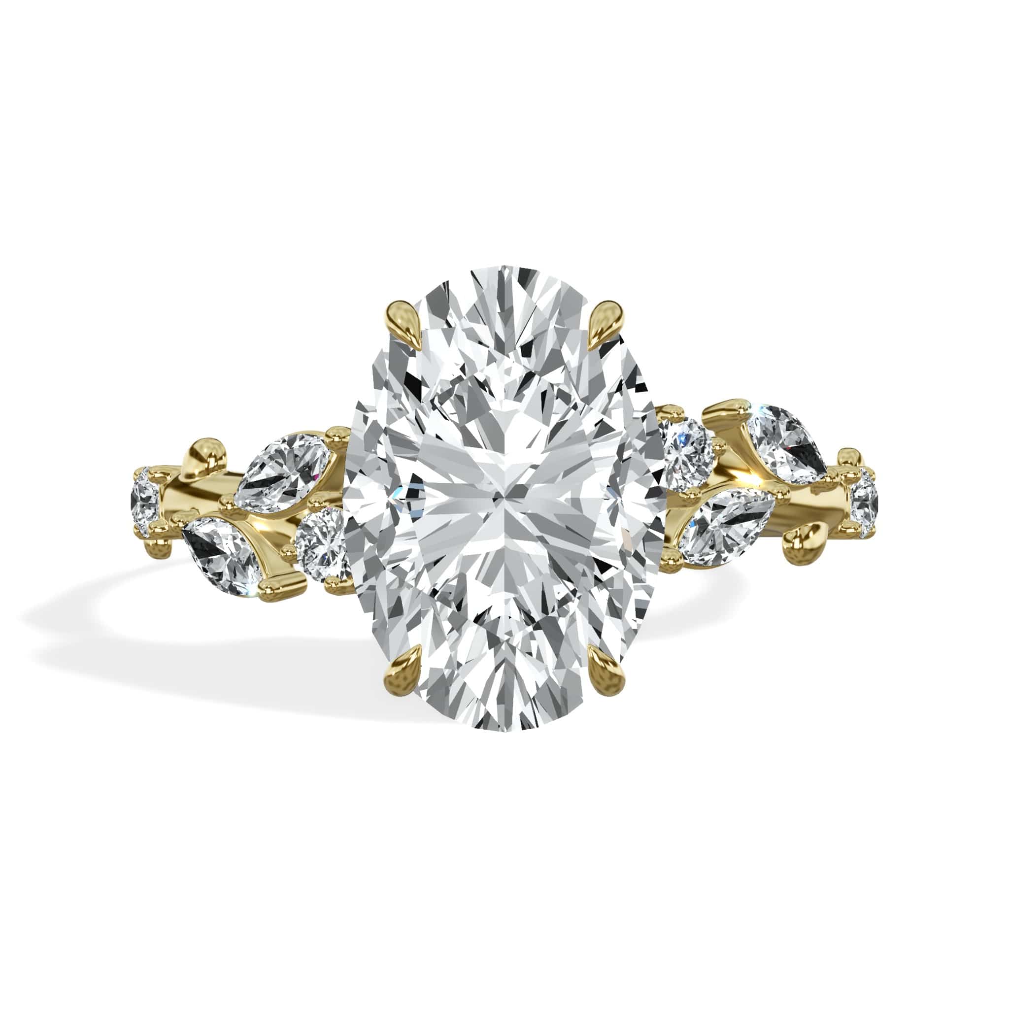 3.36 Carats Lab Grown Oval Cut Diamond Floral Engagement Ring Yellow Gold