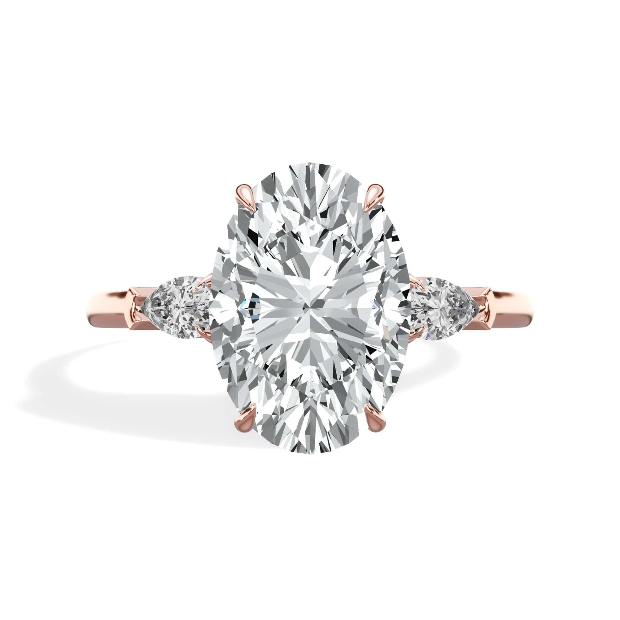3.38 Carat Lab Grown Oval Cut with Pear Shaped Side Stones Diamond Engagement Ring in Rose Gold