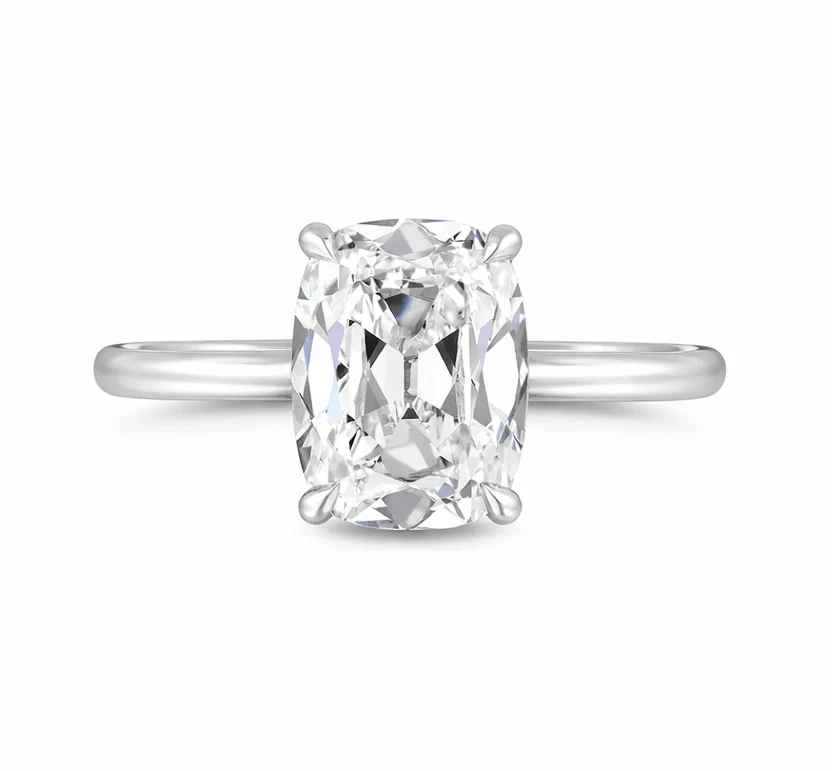3.41 Carats Lab Grown Elongated Old Mine Cut Solitaire Hidden Halo Diamond Engagement Ring