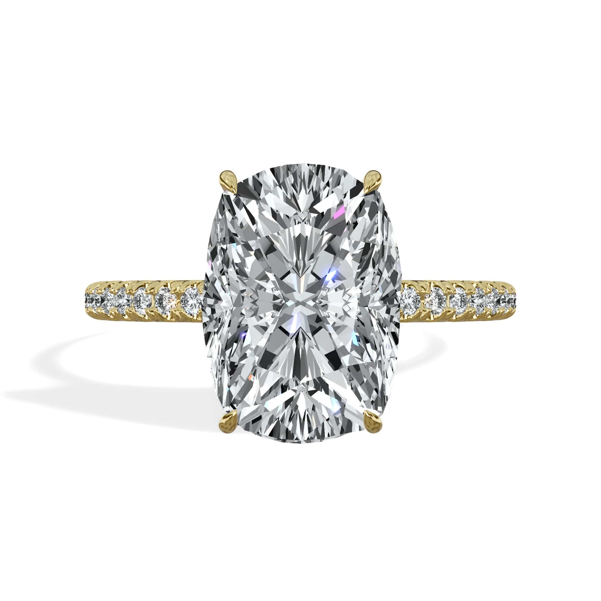 3.50 Carats Lab Grown Elongated Cushion Cut Micropaved Side Stones Hidden Halo Diamond Engagement Ring Yellow Gold