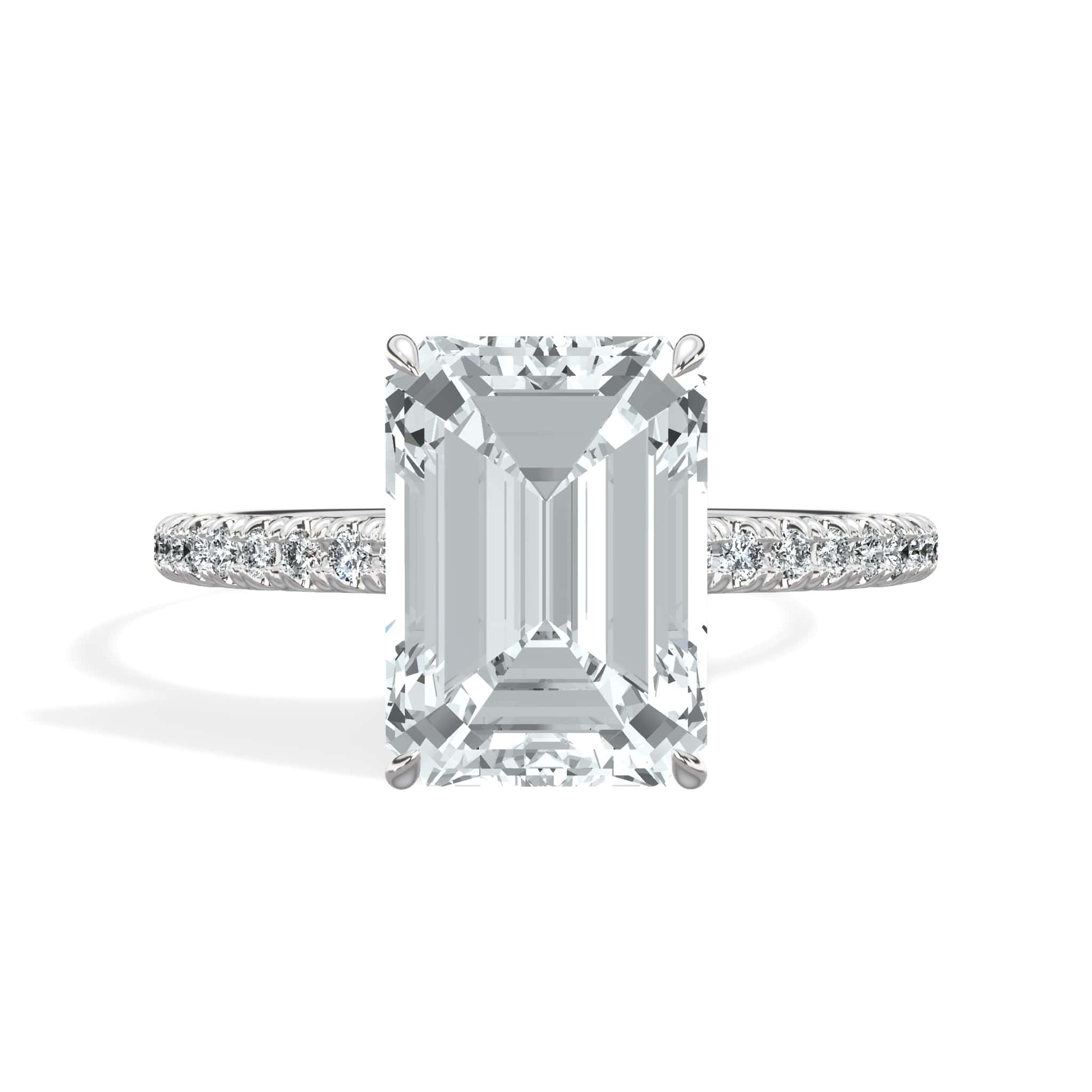 3.50 Carats Lab Grown Emerald Cut Micropaved Side Stones Hidden Halo Diamond Engagement Ring