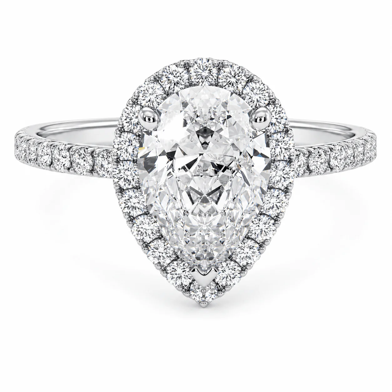 3.60 Carats Lab Grown Pear Shape Micropave Halo Side Stones Diamond Engagement Ring