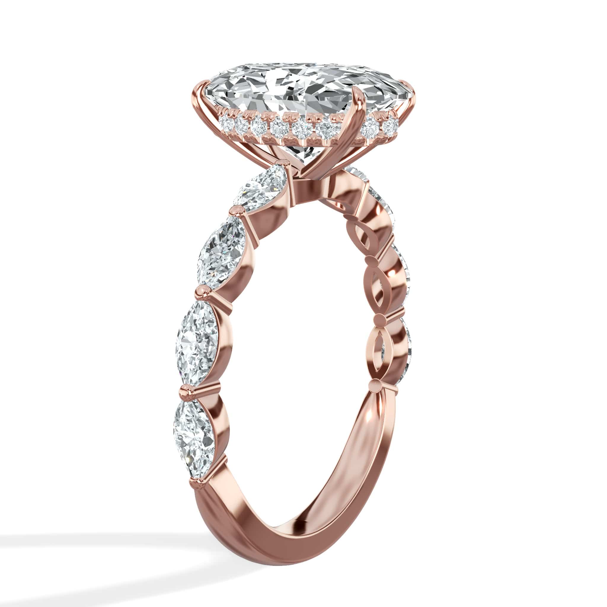4.00 Carats Lab Grown Oval Shape with Marquise Side Stones Hidden Halo Diamond Engagement Ring Rose gold - Image 3