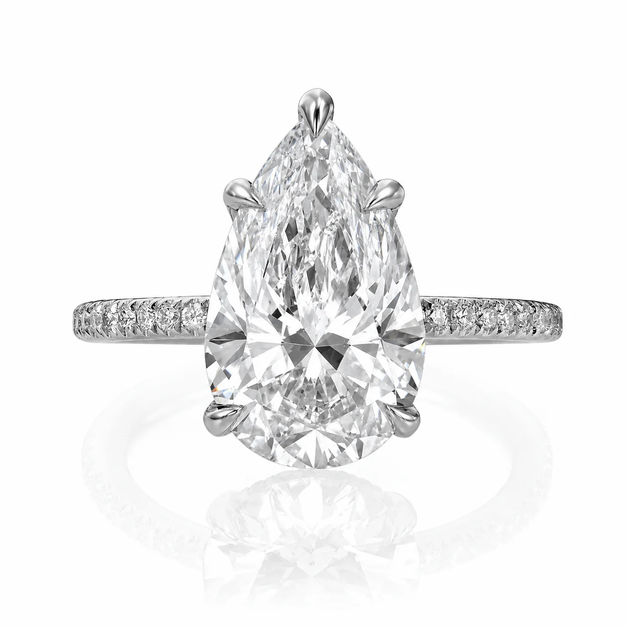 3.52 Carats Lab Grown Pear Shaped Micropaved Side Stones Hidden Halo Diamond Engagement Ring