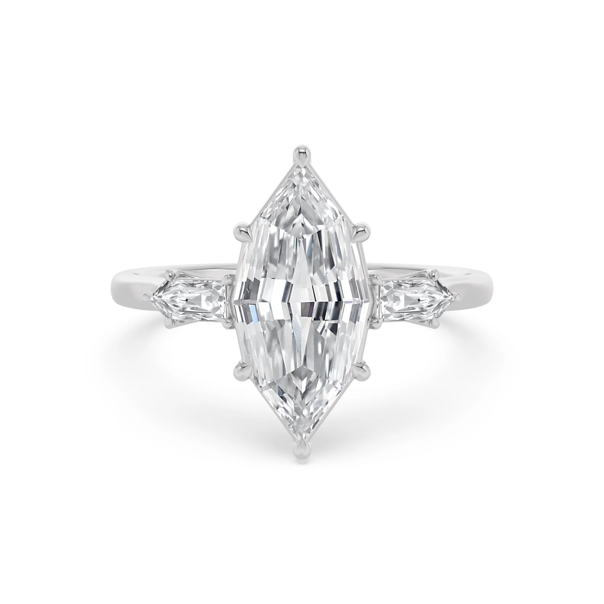 4.46 Carat Lab Grown Marquise Step Cut with Bullet Three Stone Diamond Engagement Ring White Gold