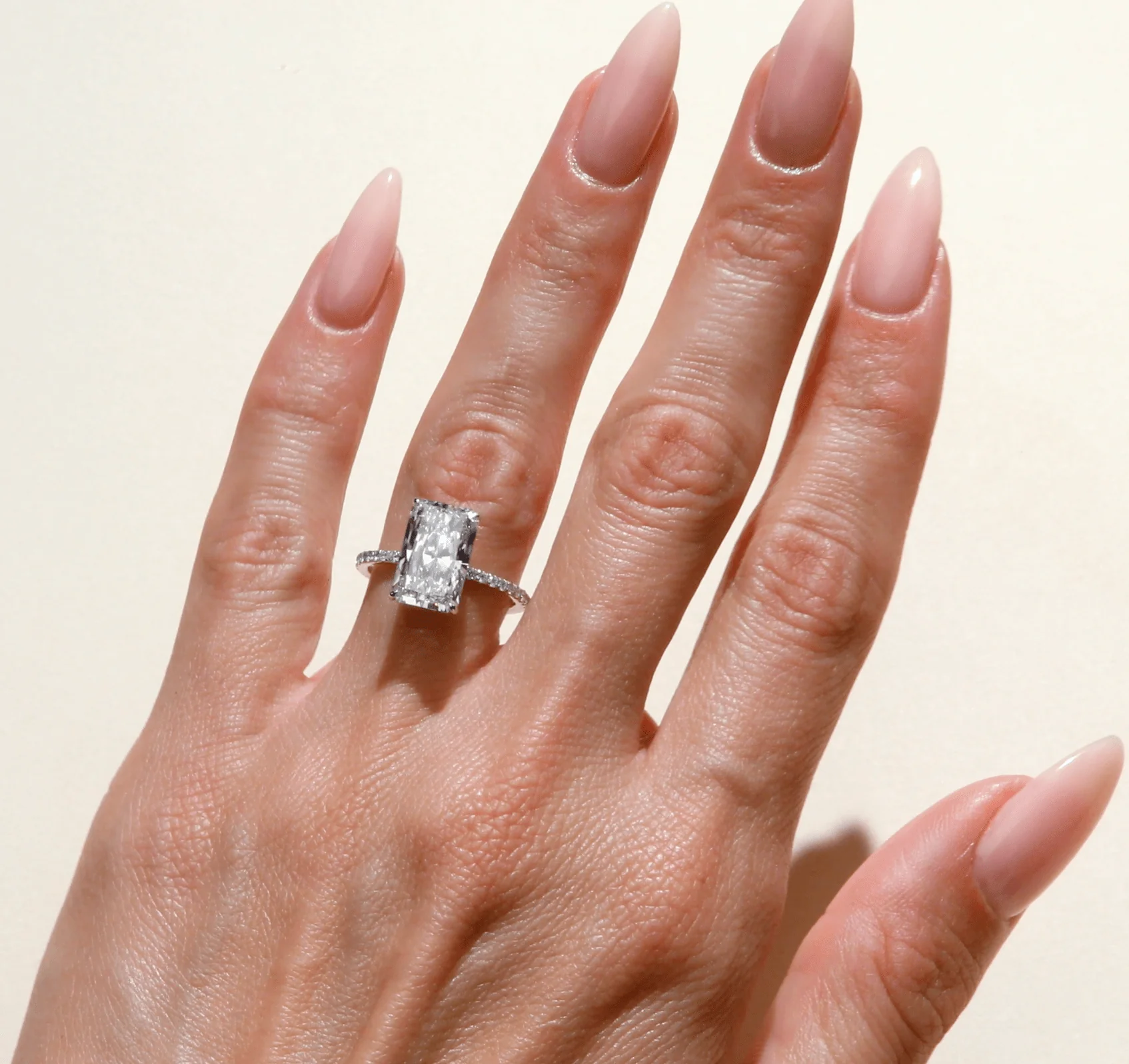 4.50 Carats Lab Grown Super Elongated Radiant Cut Micropaved Side Stones Hidden Halo Diamond Engagement Ring - Image 2
