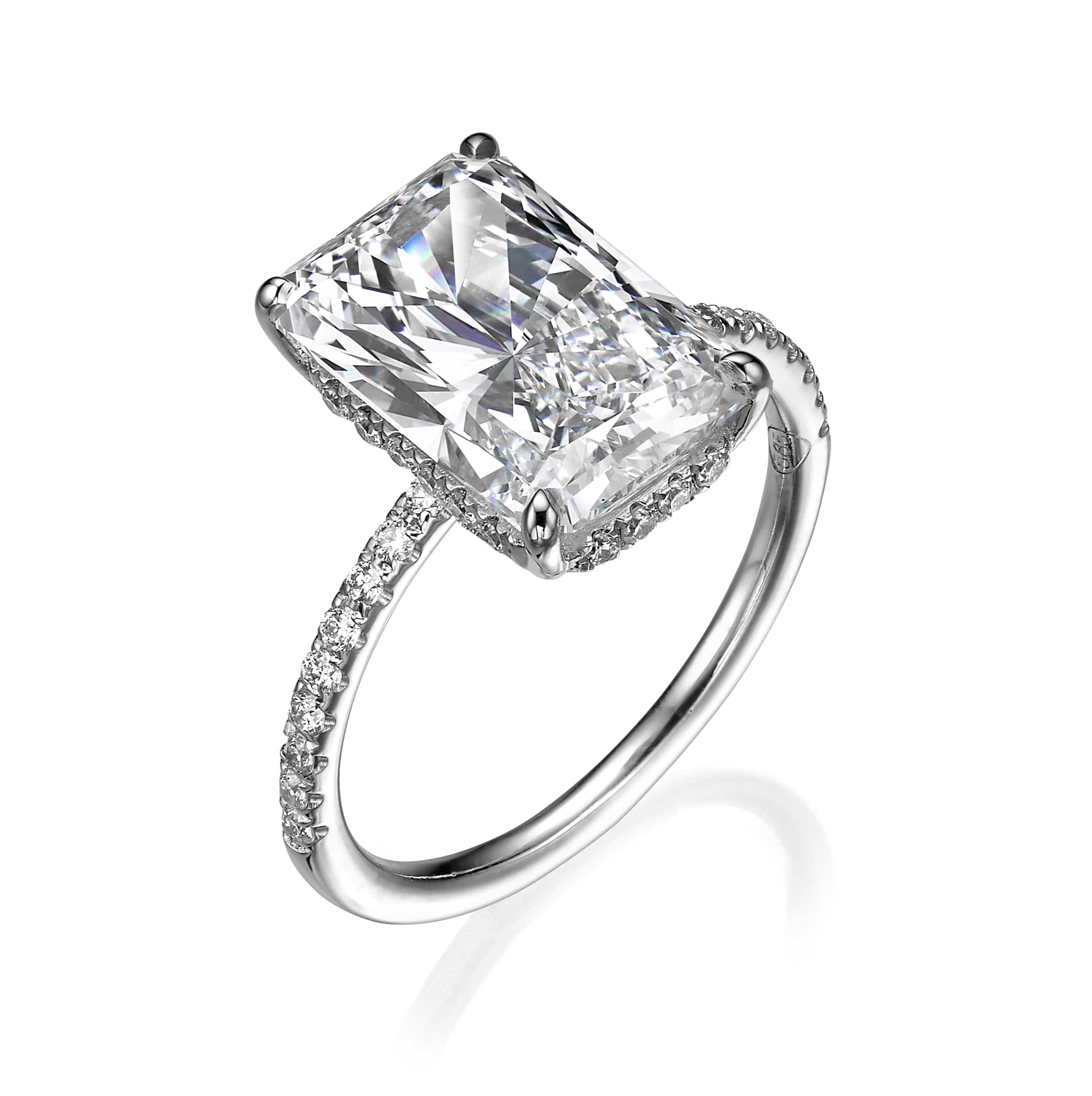 4.50 Carats Lab Grown Super Elongated Radiant Cut Micropaved Side Stones Hidden Halo Diamond Engagement Ring - Image 3