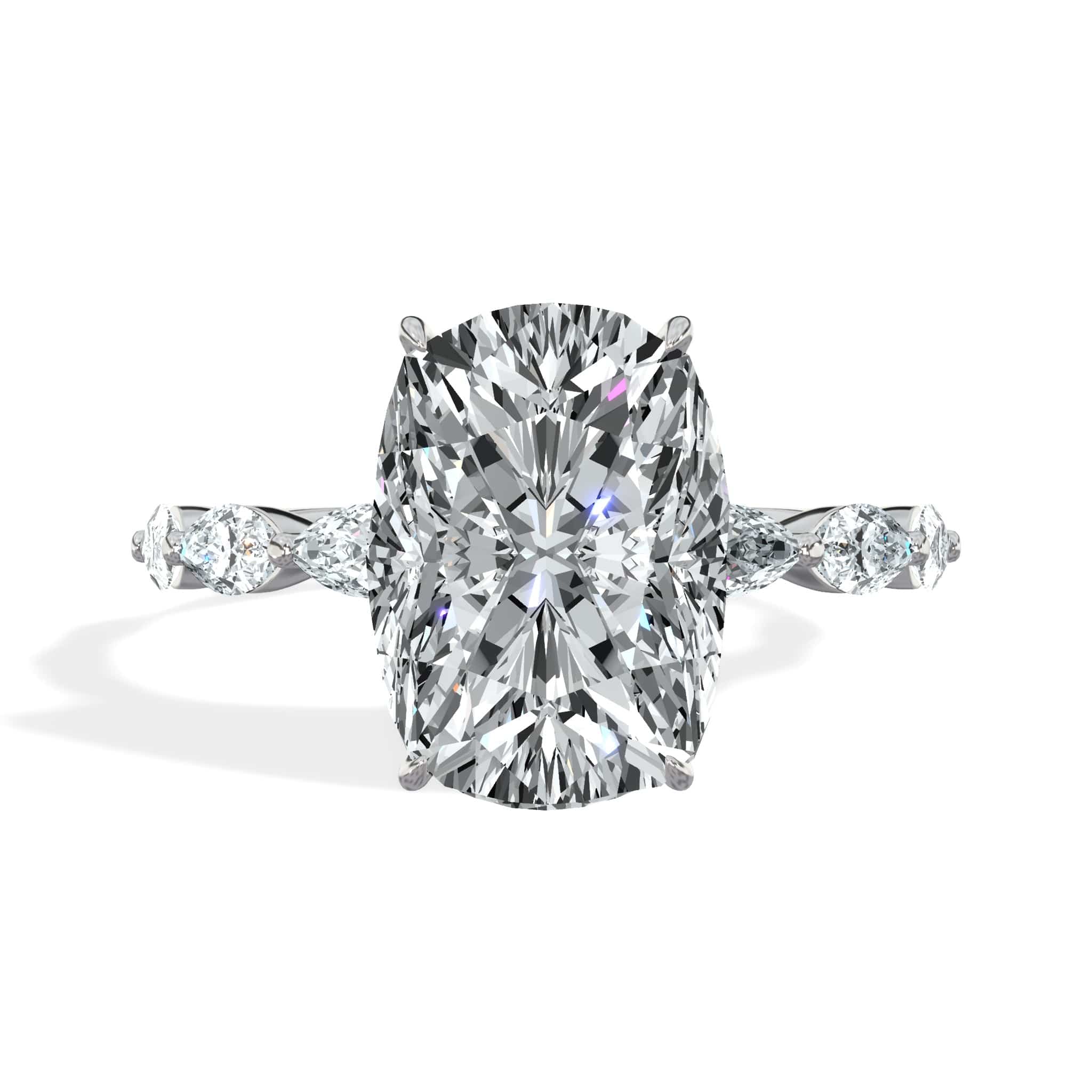 4 Carats Lab Grown Elongated Cushion Cut with Marquise Side Stones Hidden Halo Diamond Engagement Ring White Gold