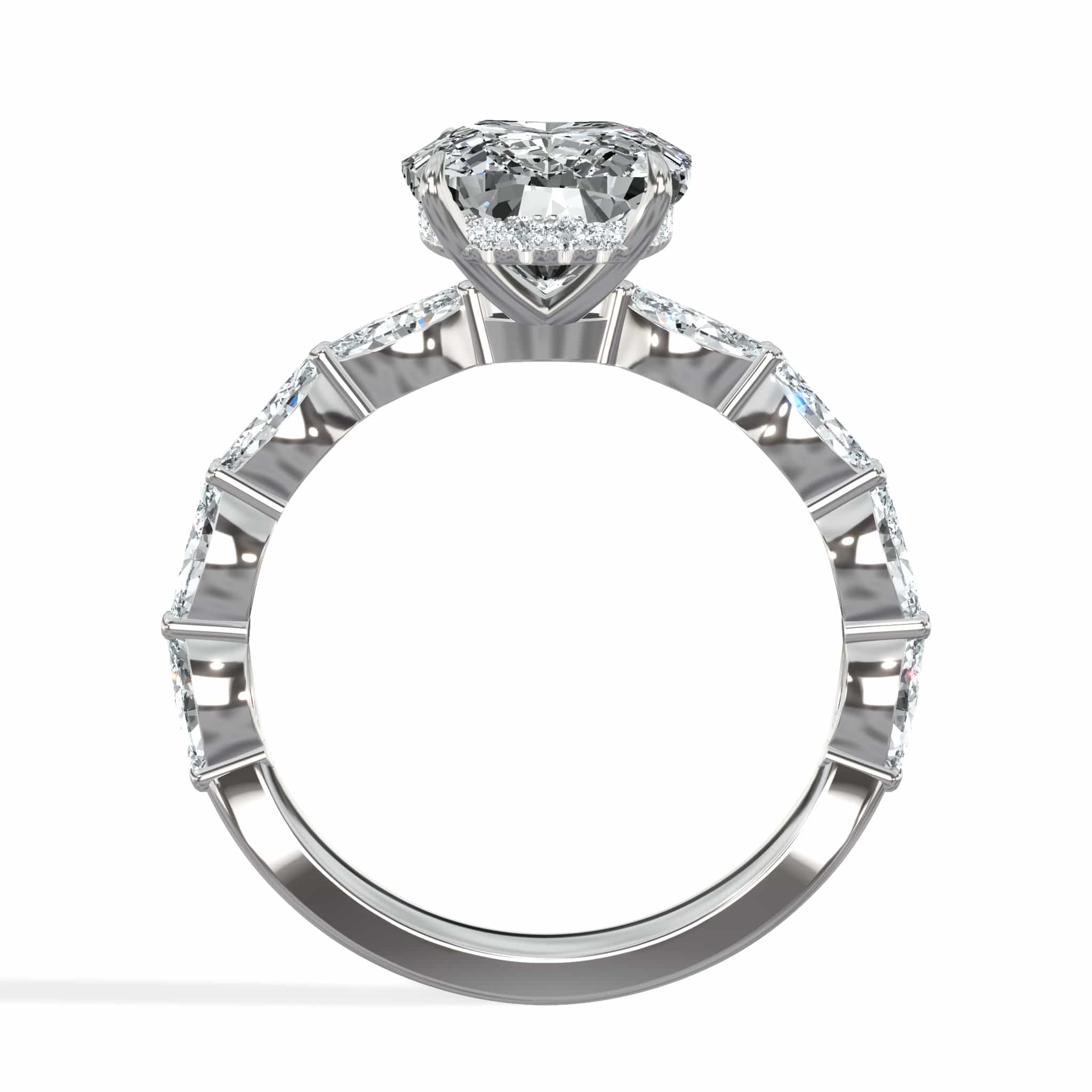 4 Carats Lab Grown Elongated Cushion Cut with Marquise Side Stones Hidden Halo Diamond Engagement Ring White Gold - Image 2