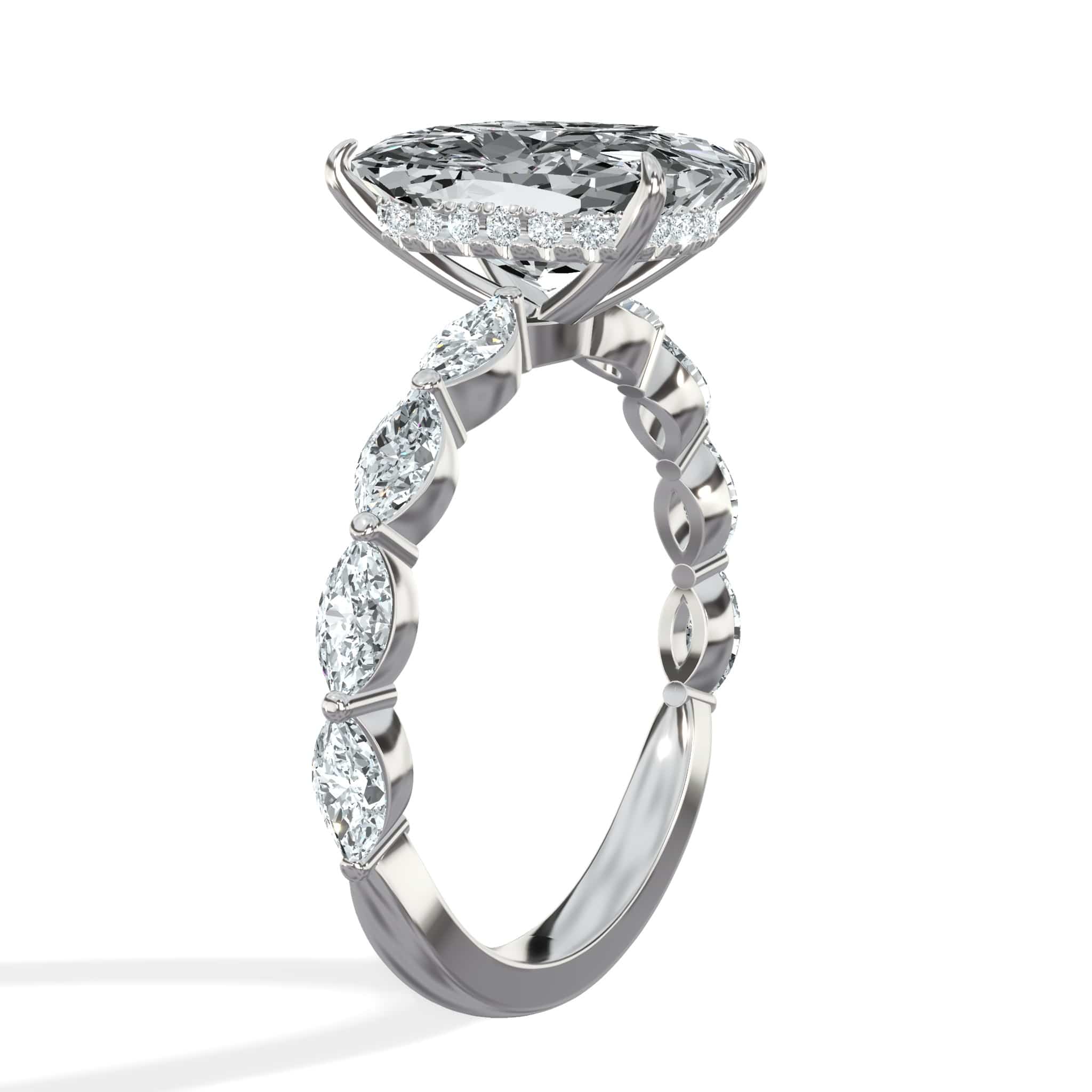 4 Carats Lab Grown Elongated Cushion Cut with Marquise Side Stones Hidden Halo Diamond Engagement Ring White Gold - Image 3