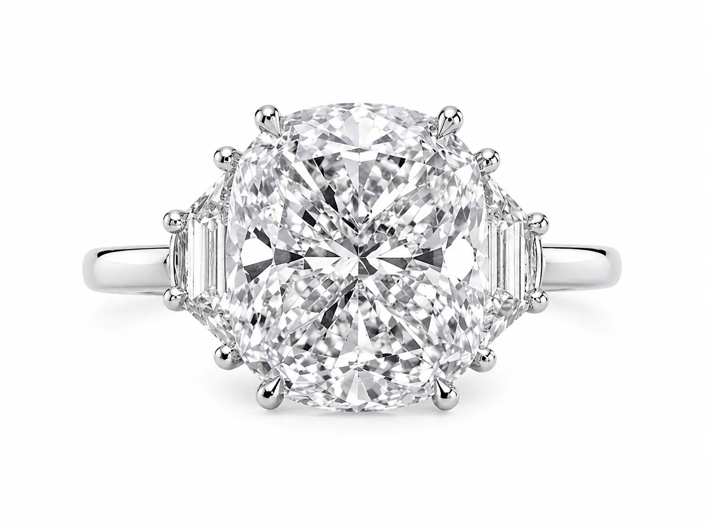 5.55 Carats Lab Grown Elongated Cushion Cut with Epaulette Three Stone Diamond Engagement Ring